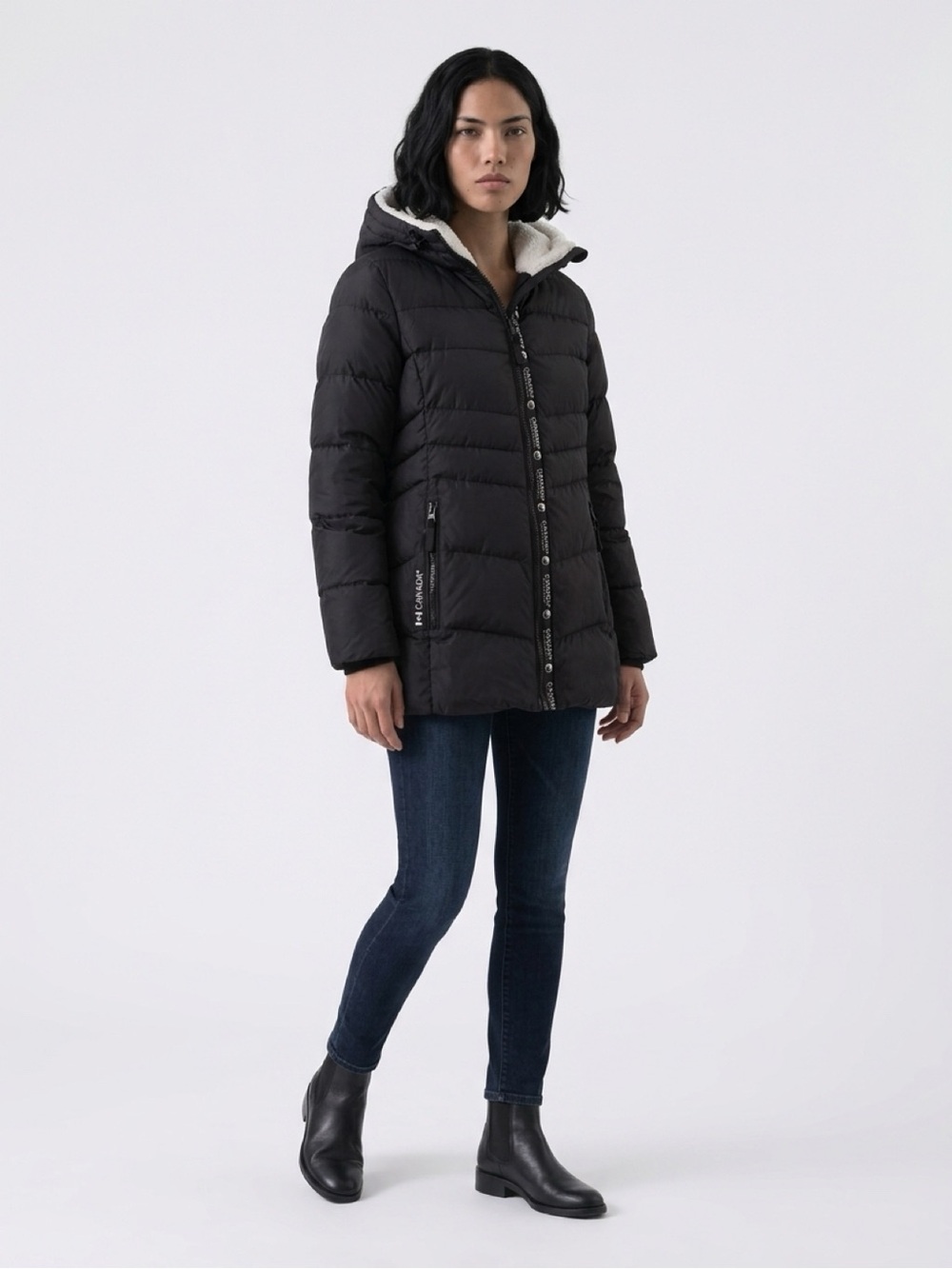 Women’s Black Hooded Puffer Jacket with Sherpa Trim